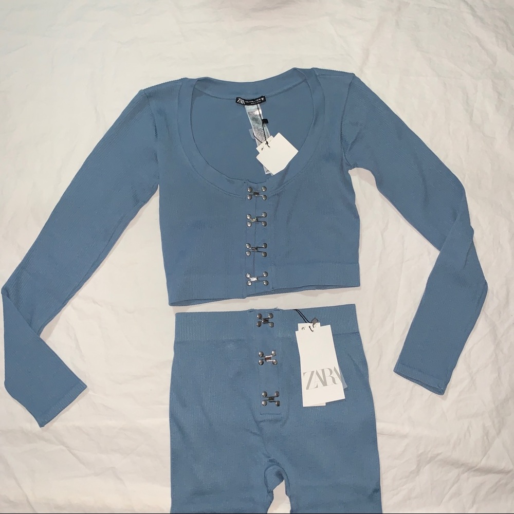 NWT 2PC ZARA BLUE RIBBED KNIT YOGA SET SIZE L/XL
